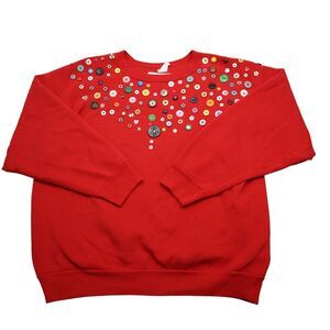 Discus Sweater Womens L Red Long Sleeve Crew Neck Buttons Heavyweight Pullover